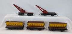 Marx O Gauge three 567 NYC side dumping cars two operating derrick crane cars