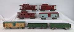 Prewar American Lines O Gauge 3207 sand cars, 3211 caboose, box cars