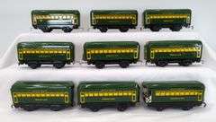 Marx O Gauge green Pullman passenger cars Bogota, Montclair, Observation