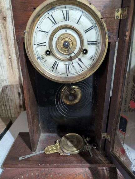 Ornate Wooden Mantel Clock with Decorated Glass Panel
