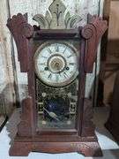 Ornate Wooden Mantel Clock with Decorated Glass Panel
