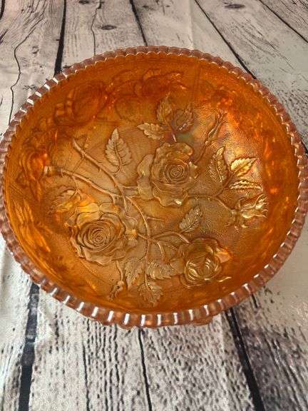 Footed Carnival Glass Bowl with Rose Design