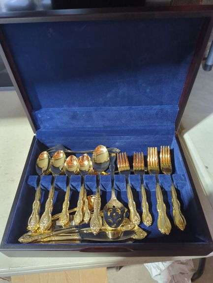 International China Gold Plated Flatware Set in Wooden Case