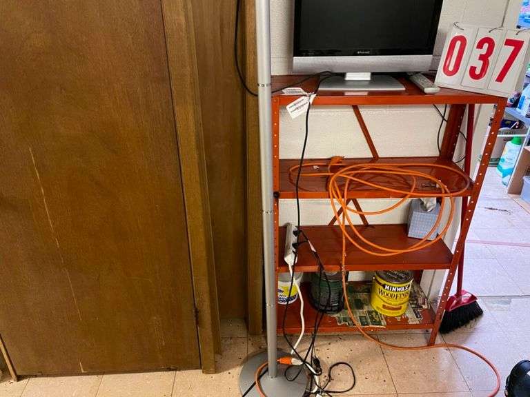 Assorted Household Items: 2 doors, Shelving Unit, Television, and Floor Lamp