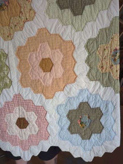 Handmade Quilt with Floral Hexagon Pattern