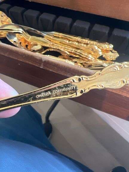 Oneida Community Gold Plated Flatware Set in Wooden Storage Chest