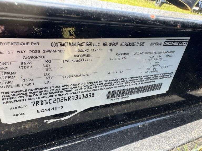 2023 Orange Line Trailer, Model EQ14-15+3, VIN:7RD1C2026R3311838