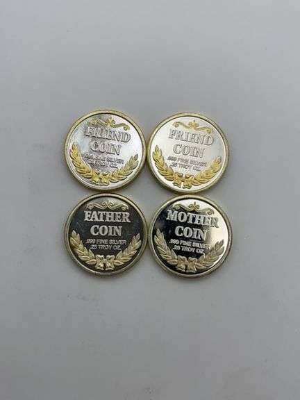 Four Commemorative Coins Including 'Friend,' 'Mother,' 'Father,' and Foreign Coins