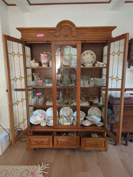 Oak Display Cabinet with Glass Paned Doors