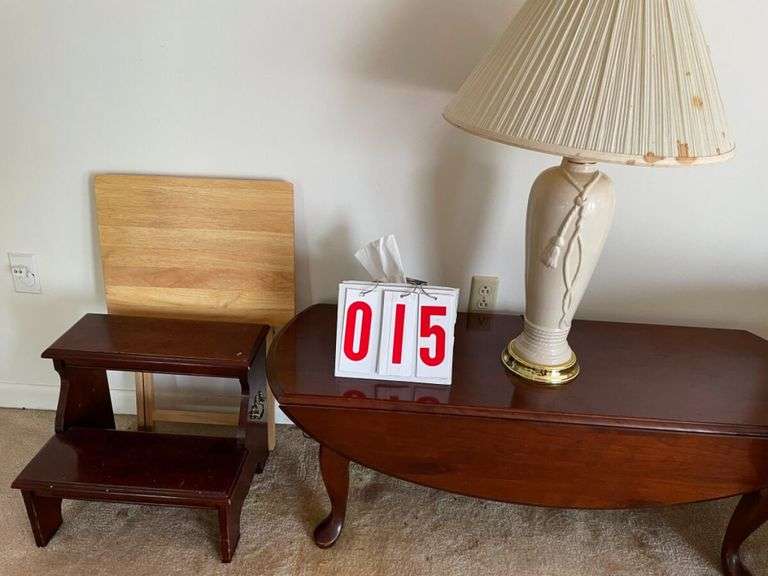 Accent Furniture Grouping: Wingback Chair, Lamp, Drop Leaf Table, & Step Stool