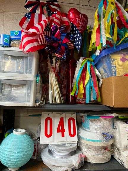 Shelf of Party Supplies and Decorations