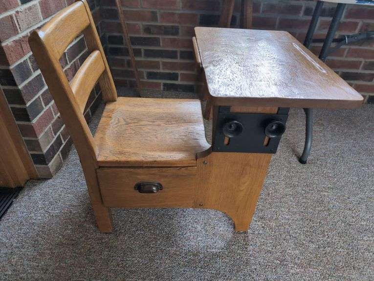 Wooden School Desk, Clock, and Decor