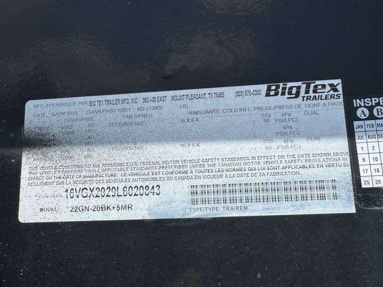 2019 BigTex 22GN-20BK+5MR Gooseneck Trailer, VIN: 16VGX2029L6020843, Salvage Title
