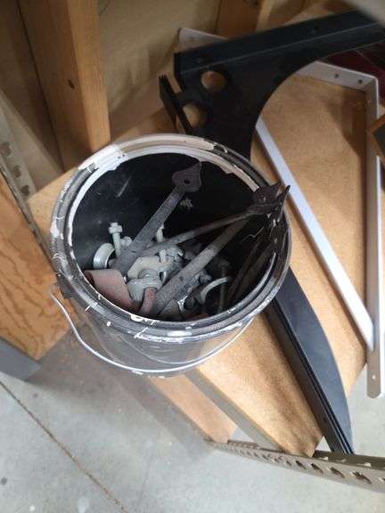 Mixed Lot: Paint Can with Assorted Parts, Keys, and Other Hardware