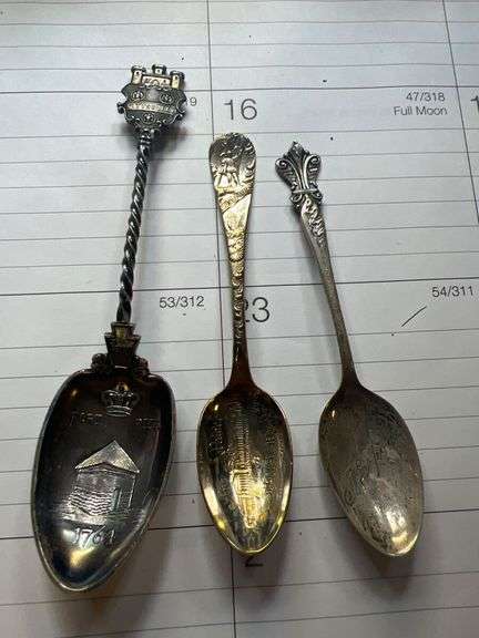 Pair of Weighted Silver Candlestick Holders and Souvenir Spoons