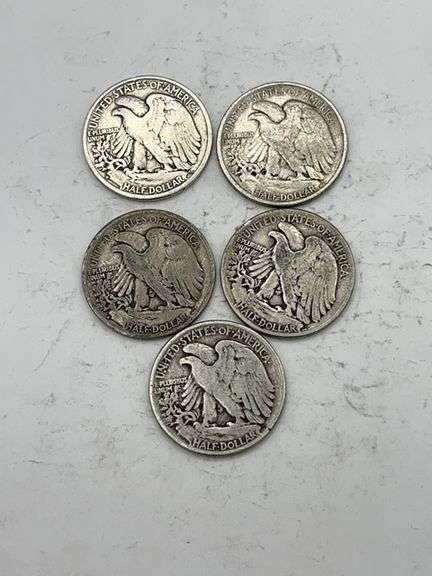 Five Walking Liberty Half Dollars 1934-1945