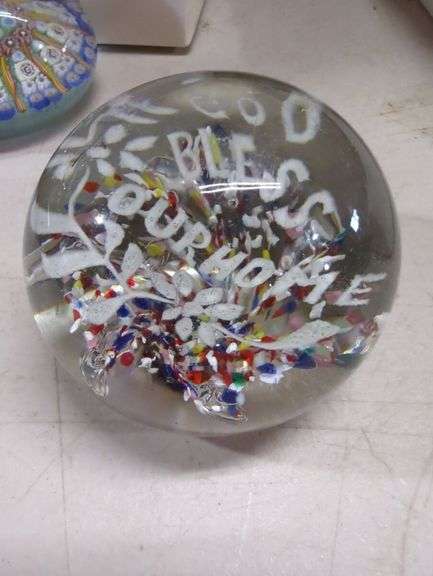 Glass Paperweight with "God Bless Our Home" Inscription