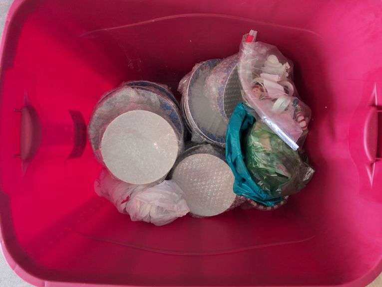 Nine totes of assorted household miscellaneous and two plastic stacking chairs