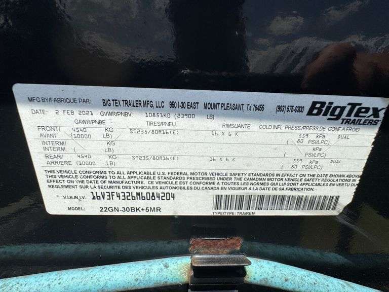 2021 BigTex 22GN-30BK+5MR Gooseneck Trailer, VIN: 16V3F4326M6084204, Salvage Title