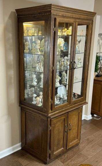 Glass Front Solid Oak Display Case with Glass Shelves & Lower Cabinet