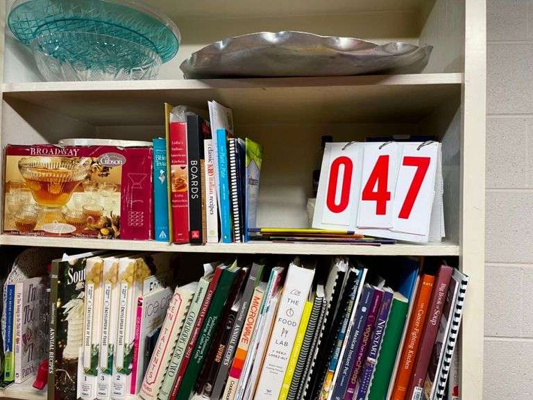 Shelf Lot of Books, Dishes, and Home Items