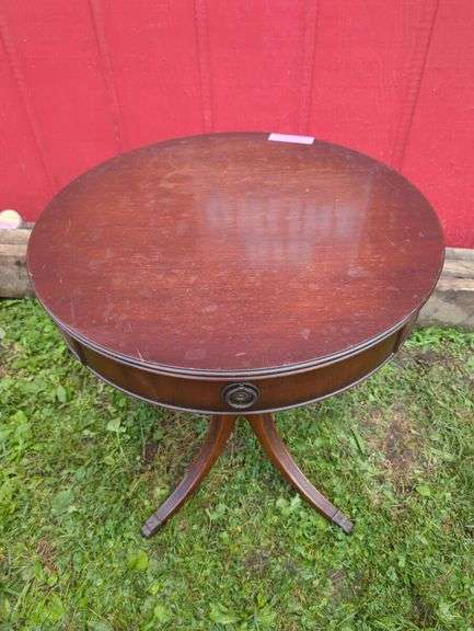 Round Mahogany Accent Table with Drawer