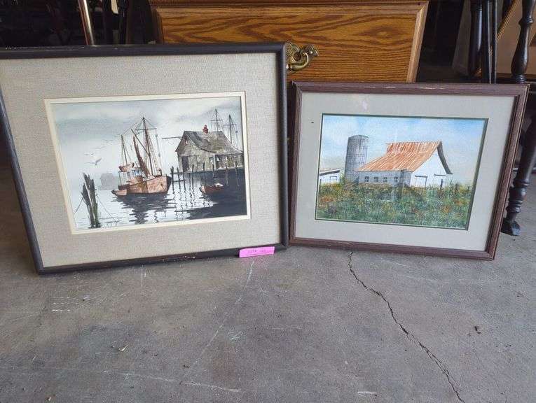 Framed Watercolor Paintings - Dockside Scene & Barn Landscape