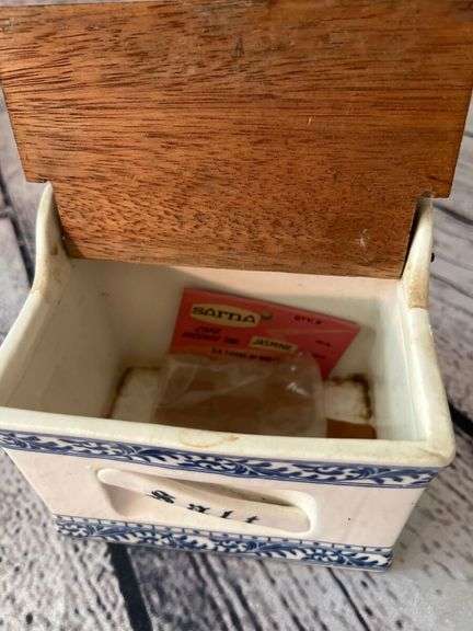 Cast iron match holder and blue in white salt box