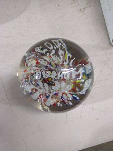 Glass Paperweight with "God Bless Our Home" Inscription