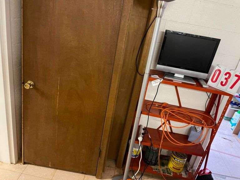 Assorted Household Items: 2 doors, Shelving Unit, Television, and Floor Lamp