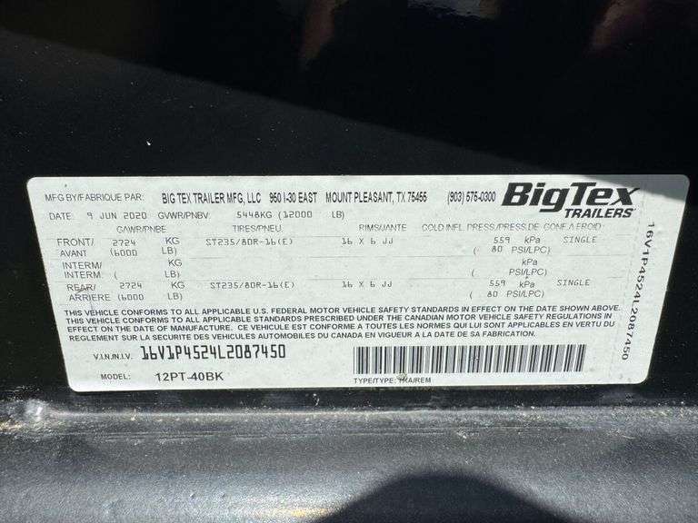 2020 Big Tex 12PT-40BK Pipe Trailer, VIN: 16V1P4524L2087450, Salvage Title