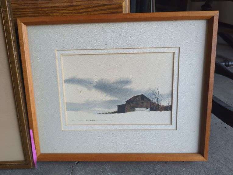 Two Framed Prints: Cottage and Barn Landscape