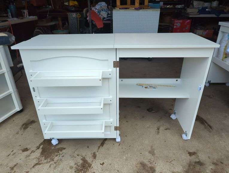 White Rolling Craft Table with Fold-Out Top