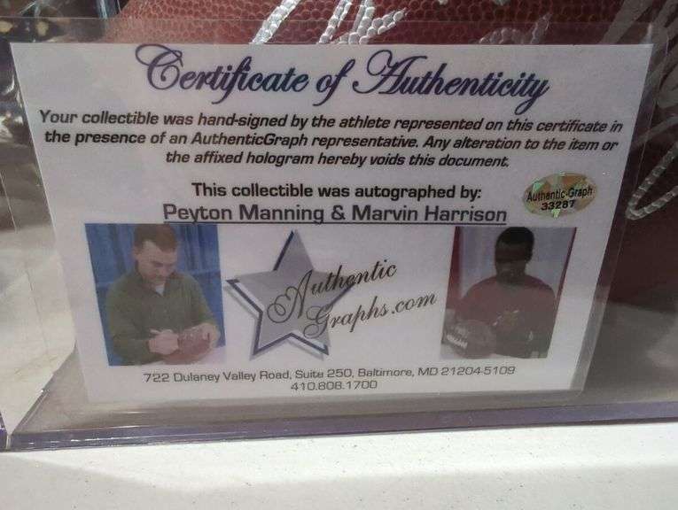 Peyton Manning & Marvin Harrison Autographed Football with Certificate of Authenticity