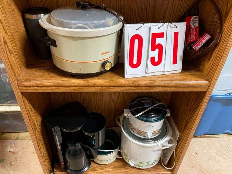 Household Shelf Lot with Bowls, Crockpots, Coffee Maker, and More