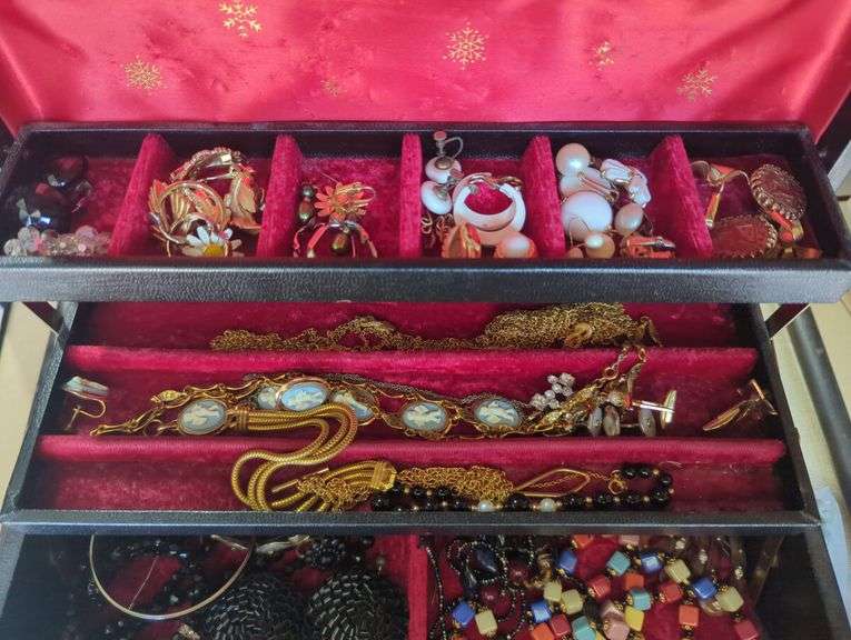 Black Jewelry Box Filled with Costume Jewelry
