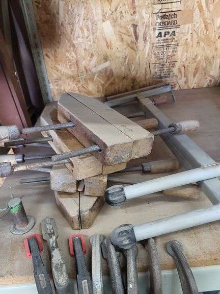 Assorted Woodworking Clamps, lumber stand