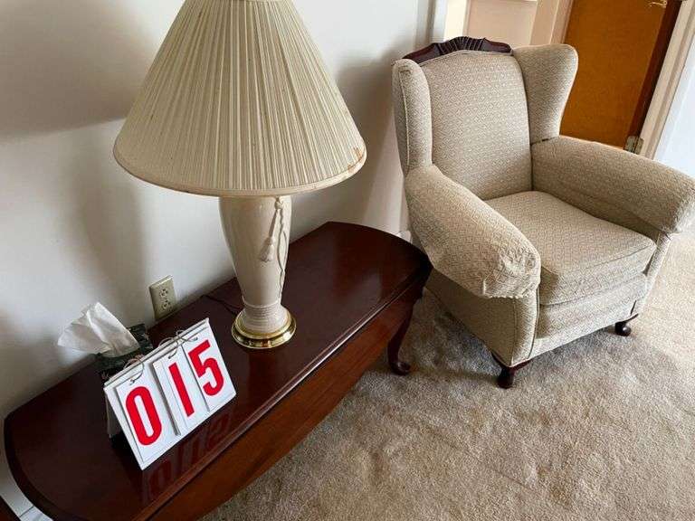Accent Furniture Grouping: Wingback Chair, Lamp, Drop Leaf Table, & Step Stool
