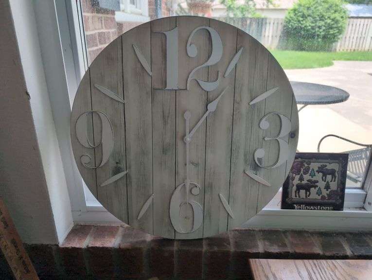 Wooden School Desk, Clock, and Decor