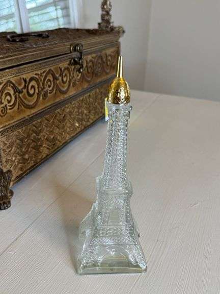 Decorative Treasure Chest with Religious Decor, Eiffel Tower, and Windowpane Mirror