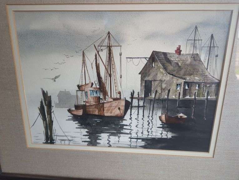 Framed Watercolor Paintings - Dockside Scene & Barn Landscape