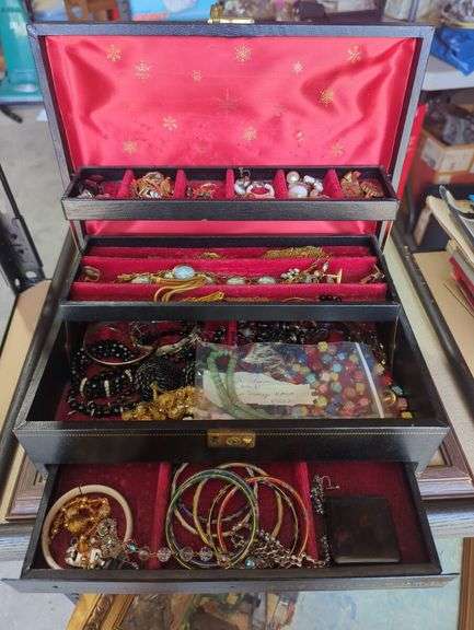 Black Jewelry Box Filled with Costume Jewelry