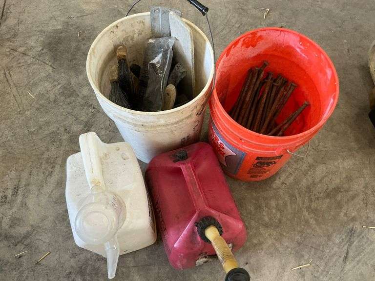Lot of Buckets, Nails, Gas Cans and Brushes image
