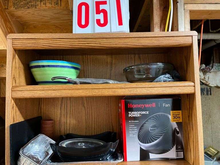 Household Shelf Lot with Bowls, Crockpots, Coffee Maker, and More