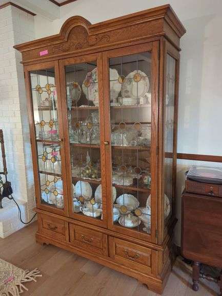 Oak Display Cabinet with Glass Paned Doors