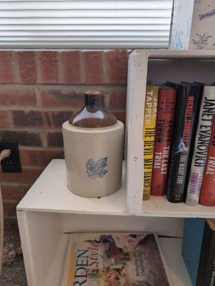 Collection of Books, Stoneware Jugs, and Decorative Storage Box