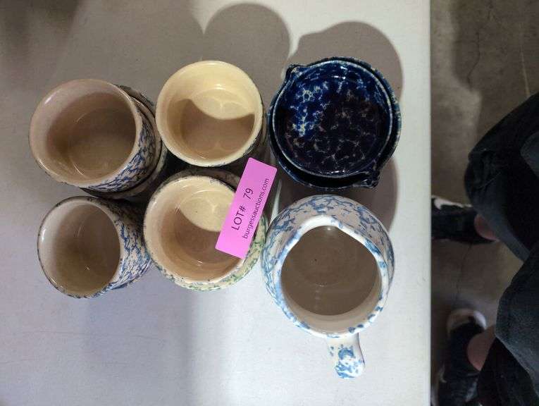 Spongeware Pottery Collection: Pitcher, Bowls, and Cups