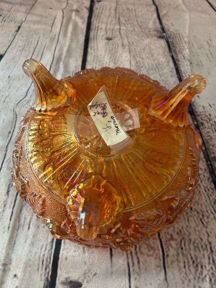 Footed Carnival Glass Bowl with Rose Design
