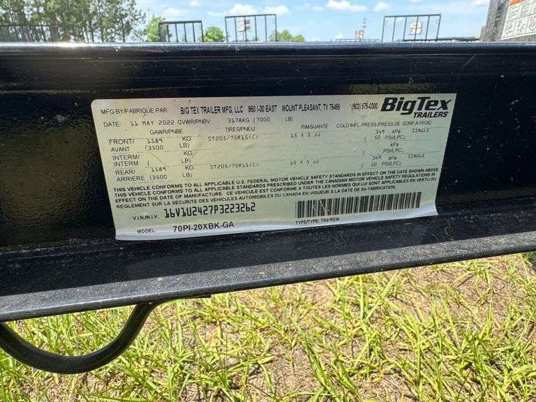 2022 Big Tex 70PI-20BK-GA Utility Trailer, VIN: 16V1U2427P3223262
