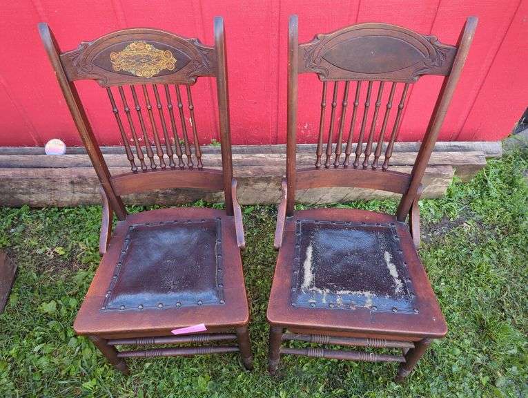 Pair of Decorative Wooden Chairs with Leather Seats